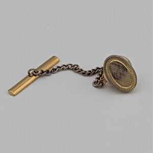 VTG Gold Tone Tie Tack Oval Brushed Etched Sunburst Design Safety Chain T-Bar
